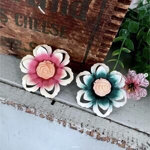 Vintage Tiebacks Curtain Metal Flower Plastic Celluloid Center PAIR